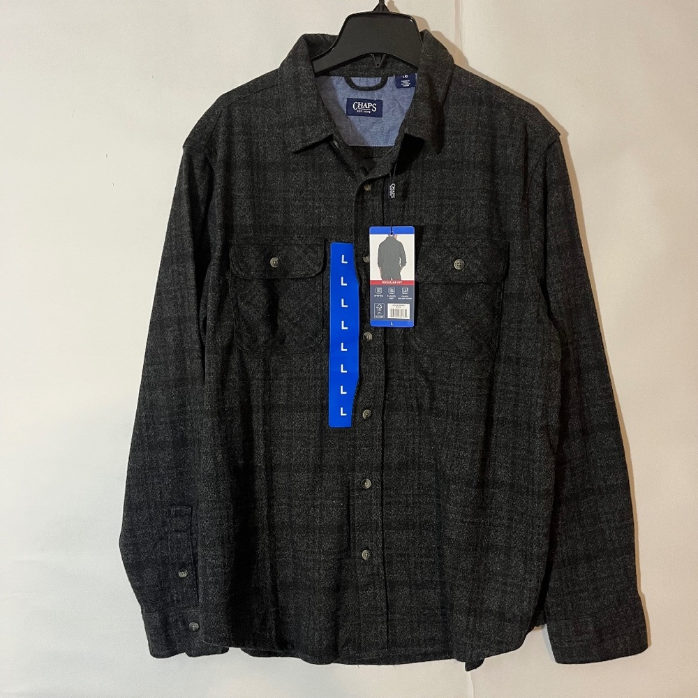 Chaps Mens Knit Flannel Shirt Button Up Stretch Black Plaid Size L New with Tags
